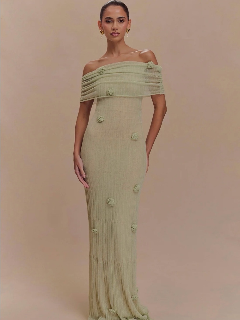 Meshki Bynn Orchid Knit Sage Green One-Shoulder Evening Gown
